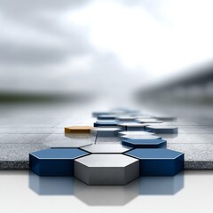 Poster - Abstract Hexagonal Path: Geometric Shapes Lead into a Blurred, Serene Horizon on Gray Tiled Surface
