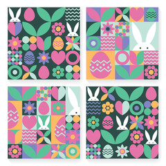Wall Mural - collection of easter background in geometric style. mosaic with bunny, egg and flower. abstract desi