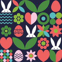 Wall Mural - easter bunny, egg and flower background. geometric design with cartoon elements. vector illustration