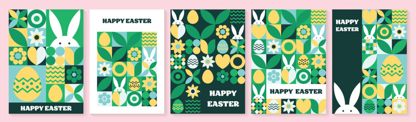 Wall Mural - set of geometric easter greeting card. abstract background with bunny, egg and flower. vector illust