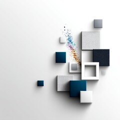 Poster - Dynamic Squares on White with Vibrant Particle Burst - A Modern Abstract Composition