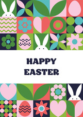Wall Mural - easter bunny, egg and flower background. geometric greeting card with cartoon elements. vector illus