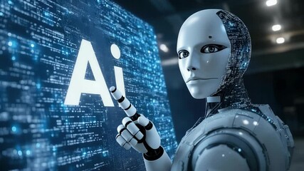 Poster - Futuristic humanoid robot analyzing artificial intelligence data on a digital screen, representing advanced AI, cybernetics, machine learning, deep learning, Sci-fi concept. c