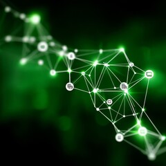 Leinwandbilder - Green Network: A Glowing Plexus of Connection and Data Transfer with Icon Integration.