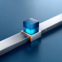 Poster - Minimalist Abstract Composition: Blue Glass Cube on Silver Metal Beam, Tech Style Presentation