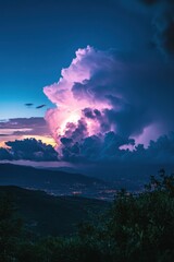 Wall Mural - Dramatic thunderstorm over the mountains at dusk with lightning strikes illuminating the landscape and clouds in a vibrant purple hue from a low angle