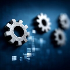 Leinwandbilder - Precision Mechanics: Silver Gears Aligning with Digital Efficiency on Blue Background