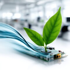 Poster - Technology and Nature Intertwined: A Green Leaf Sprouts from a Circuit Board with a Flowing Water Effect