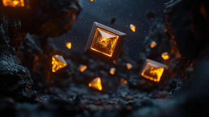Wall Mural - Floating glowing cubes in dark rocky cavern