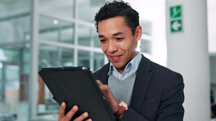 Poster - Tablet, research and typing with business man in office for publishing agency, manuscript editor and ebook review. Copywriter, reading and planning with person for creative project, report and media