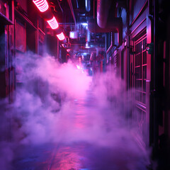 Poster - Futuristic Alley: A vibrant, dystopian cityscape, with neon lighting casting a moody glow over a fog-filled alley, hinting at hidden mysteries and technological intrigue.