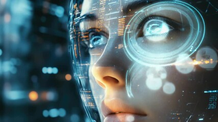 Poster - Futuristic portrait of a young woman with glowing digital facial recognition lines and a high-tech interface, symbolizing artificial intelligence,cyber security, and virtual reality