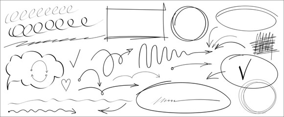 Leinwandbilder - Set of Scrawls, highlights, hand drawn arrows, grunge lines, crayon scribbles, rough brush charcoal pen strokes, text underline strokes and emphasis marks. Sketches of ellipse, rectangle, oval, mark