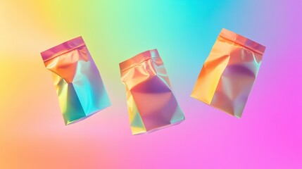 Poster - iridescent pouches in rainbow light: three metallic pouches levitate against a vibrant gradient back