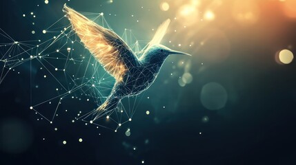 Poster - Digital hummingbird artwork with glowing geometric patterns and bokeh background