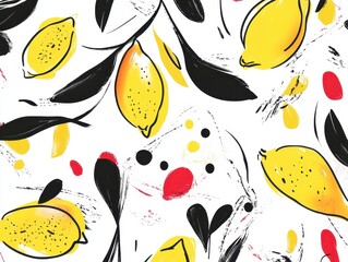 Poster - Zesty Lemon Pattern: A vibrant artistic design featuring cheerful lemons. The illustration captures a feeling of freshness. 
