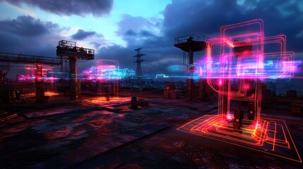 Wall Mural - futuristic energy grid over dilapidated industrial site at sunset