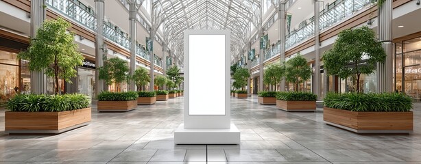 Digital signage mockup at shopping mall for retail promo – shopping mall digital signage mockup with empty screen – retail promo display using digital signage at shopping mall