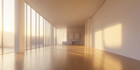 Poster - empty modern room illuminated by sunshine: a minimalist modern space is bathed in warm sunlight, sho