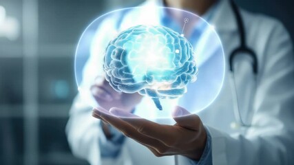 Poster - Female doctor examining a 3D holographic brain model, AI-driven cognitive research, neural interface, advanced medical innovation, and neurotechnology in modern healthcare