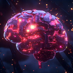 Poster - Brain of Innovation: A cutting-edge rendering of a metallic brain, pulsing with vibrant, interwoven digital circuits, sparking creative ideas.