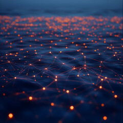 Fototapete - Digital Network of Light: An illuminated digital network spreads across a rippling water surface, offering a compelling visualization of interconnectedness.