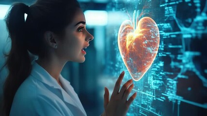 Poster - Female scientist analyzing a futuristic holographic heart display in a high-tech medical laboratory,symbolizing advancements in cardiology, artificial intelligence,digital healthcare technology