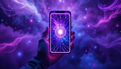 Poster - neon light mobile phone, colorful lights on screen, wallpaper on screen, mobile phone in hands, colorful background, 32k resolution