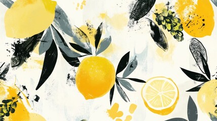 Poster - Lemon Citrus Floral Design: This image offers a lively design, full of lemons, leaves, and yellow brushstrokes creating a cheerful and artistic arrangement. Perfect for any fresh design.