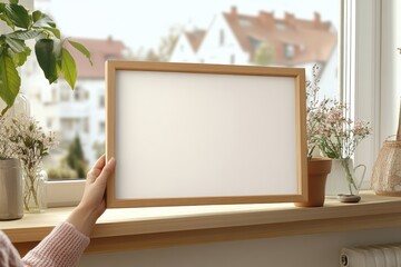 Poster - window frame display: a person's hand delicately presents a blank picture frame near a window, with 