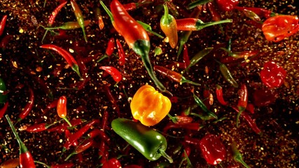 Poster - Super Slow Motion of Flying Colored Chilli Peppers with Dry Powder. Black Background. Filmed on High Speed Cinema Camera, 1000 fps. Speed Ramp Effect.