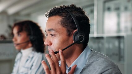 Fototapete - Call center, man and customer support in office with crm, communication and online consultant. Contact us, headset and technical service help, telemarketing or sales agent coworking for hotline