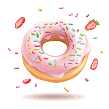 Colorful strawberry glazed donut with sprinkles in a clean cartoon vector style, no shadow, isolated on white background