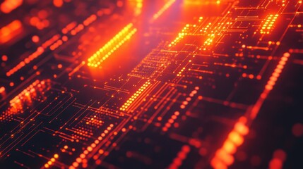 Poster - Digital Pulse: a vibrant image showcases a close-up view of a motherboard's intricate circuitry, illuminated with a futuristic, glowing, and digital representation.