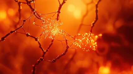 Fototapete - Abstract Neural Network: Intricate web-like structures resembling neurons, glowing with an orange hue, create an abstract representation of a neural network or similar complex system.
