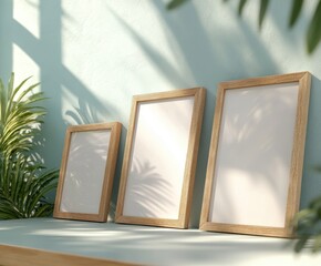 Poster - empty frames in sunlight: a series of blank wooden frames arranged under the gentle shadow of foliag