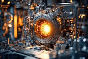 Poster - A Glimpse into the Future: A detailed capture of a futuristic machine with a bright core and intricate design, representing innovation, technology, and the forefront of scientific advancement.