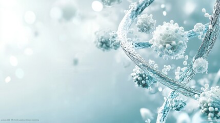 Poster - DNA Strand: An abstract, artistic representation of a DNA strand with spiraling double helix. It portrays an ethereal and conceptual illustration in a science or technology theme.