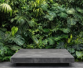 Poster - elevated display: a stark concrete display platform set against a backdrop of verdant foliage, the s