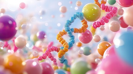 Poster - Colorful DNA Structure with Abstract Balls and Bubbles in Background