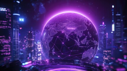 Poster - Futuristic Neon Global Network with Cityscape and Technology Elements