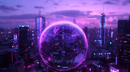 Poster - Futuristic Cityscape with Neon Globe and Digital Network Connections