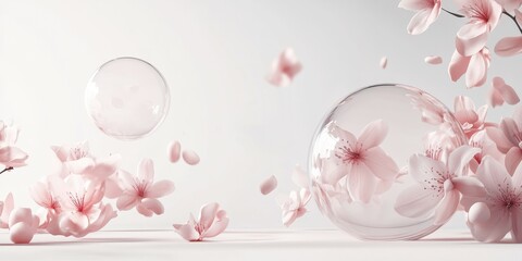 Poster - Ethereal Blooms: Delicate cherry blossom petals and floating glass spheres evoke a sense of purity and tranquility, creating a serene and artistic composition.