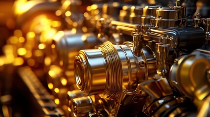 Poster - Golden Machinery: A close-up shot of complex mechanical components, gleaming with a golden hue, showcases the intricate engineering of a powerful machine.
