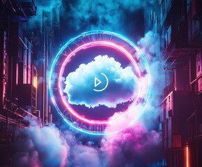 Poster - Digital Cloud Transformation: Futuristic imagery of a cloud nestled within a neon-lit ring, symbolizing the dynamic evolution of data storage and access in a technologically advanced setting.
