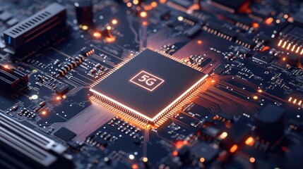 Poster - Modern 5G Microchip on Circuit Board with Colorful Light Effects