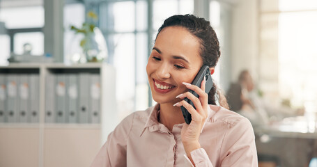 Poster - Woman, phone call or happy in office for business, budget increase or positive feedback. Accountant, network or tech in firm for communication, account management or smile for investment negotiation