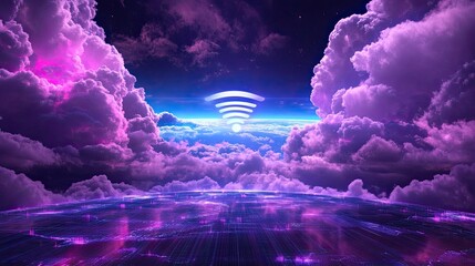 Poster - Futuristic Cloudscape with Wi-Fi Signal in Vibrant Purple Hues