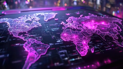 Fototapete - Digital World Map with Neon Lights and Technology Elements