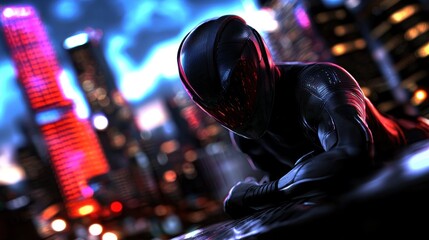 Wall Mural - Futuristic figure in neon city skyline at night
